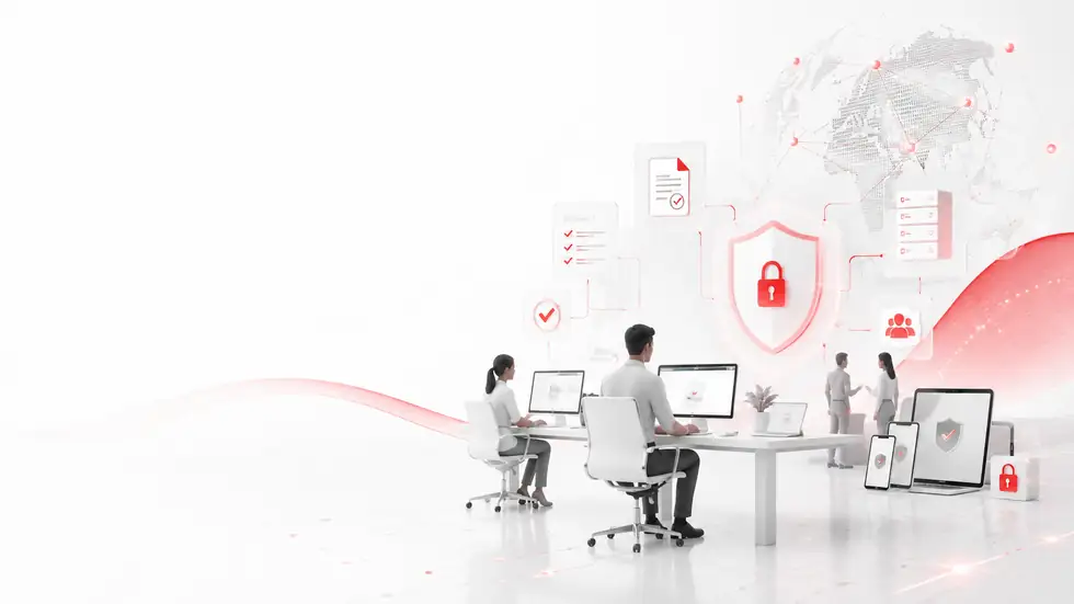 Modern team workspace with security protection icons